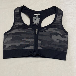 Women's Avia Black Gray Camo Zip Front Sports Bra L